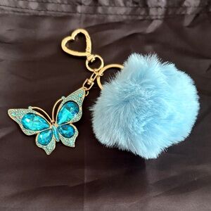 Blue Butterfly Keychain with Pom Pom